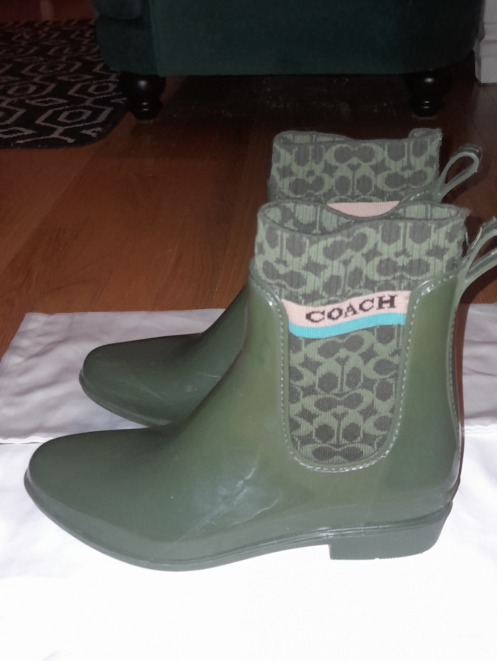 Coach Olive Green Logo Chelsea Rain Boots